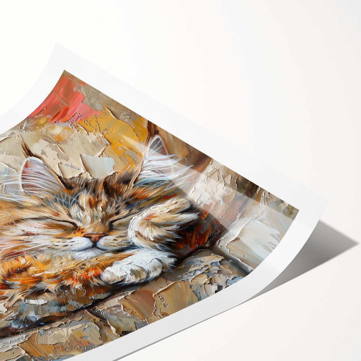 Colorful rolled wall art print featuring a whimsical cat design, perfect for animal lovers. The vibrant artwork showcases playful cats in a lively setting, ideal for home decor.