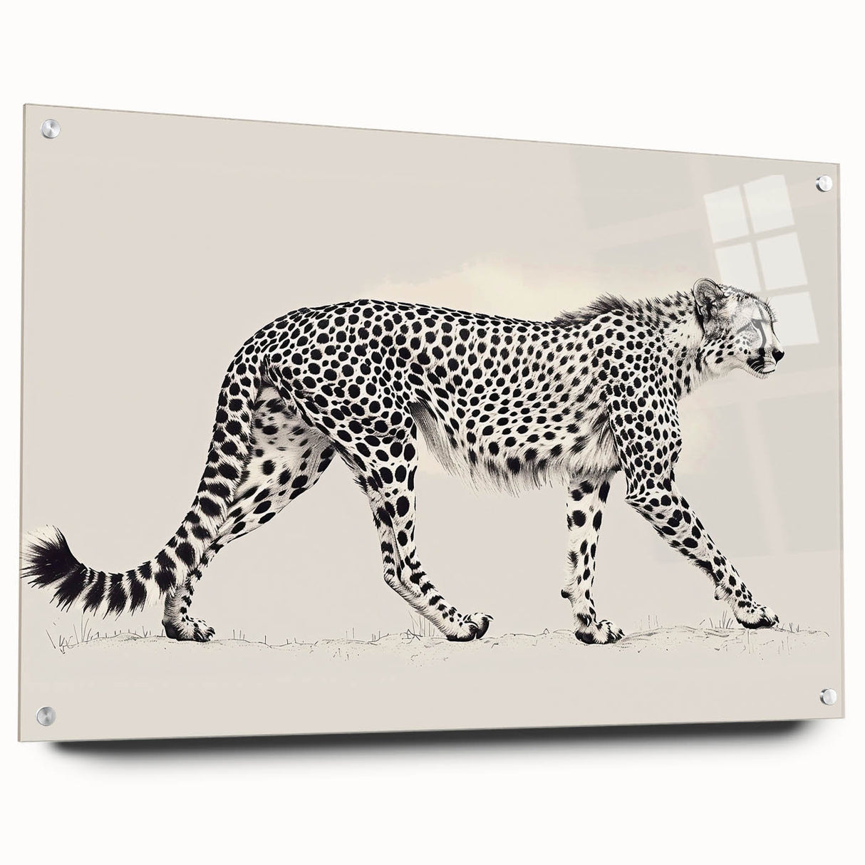 Acrylic wall art featuring a striking side view of a cheetah, showcasing its vibrant fur patterns and intense gaze, perfect for animal lovers and home decor enthusiasts.