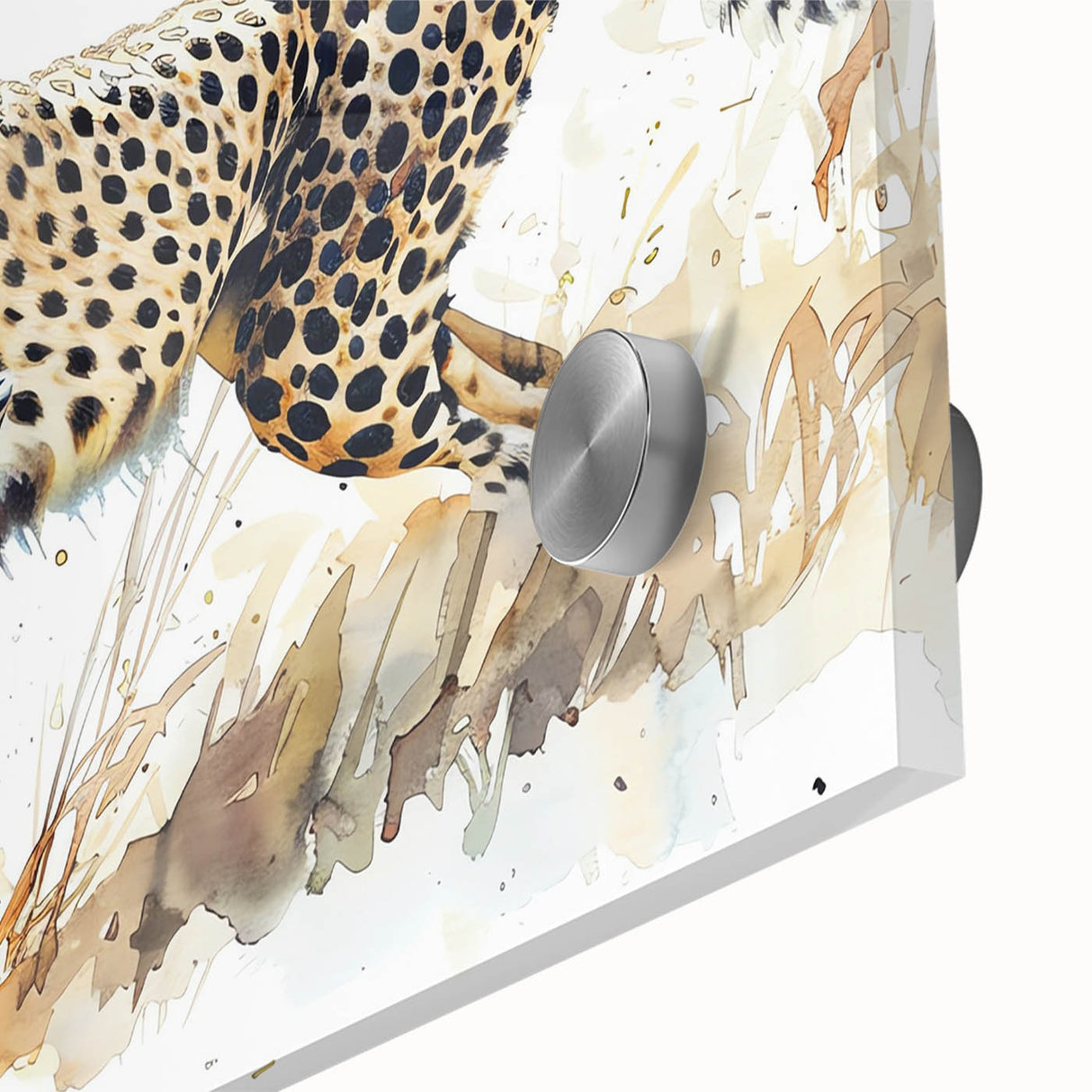 Close-up of a striking acrylic glass wall art featuring a cheetah design, showcasing the animal's vibrant colors and intricate details, perfect for wildlife decor.