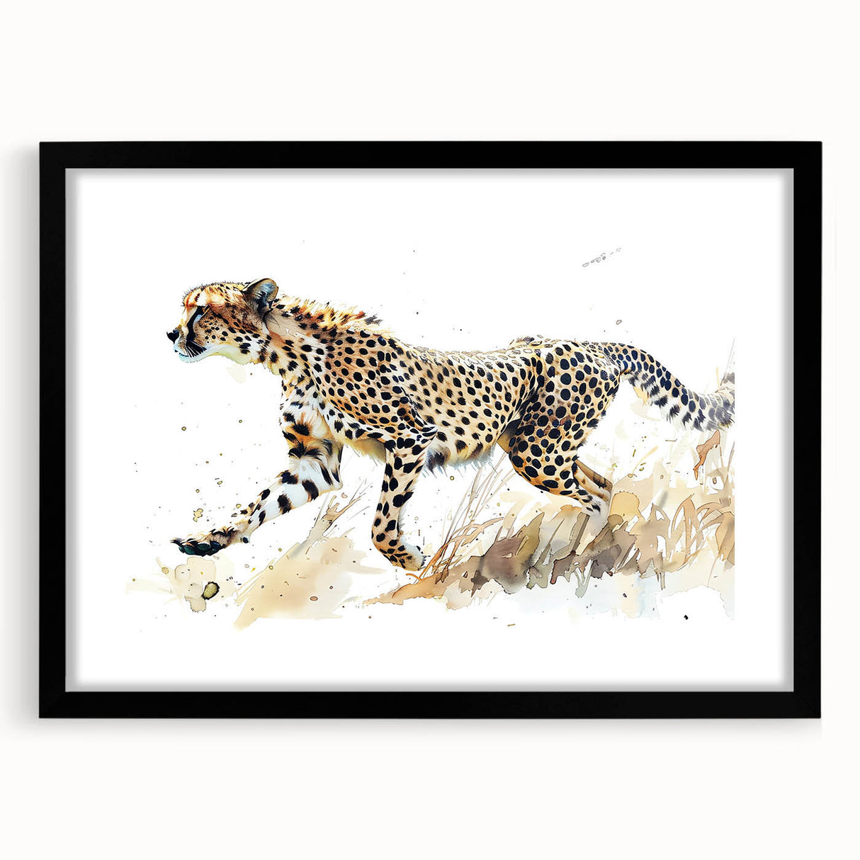 Cheetah wall art design framed in black, showcasing a vibrant wildlife scene with intricate details, perfect for enhancing modern home decor.