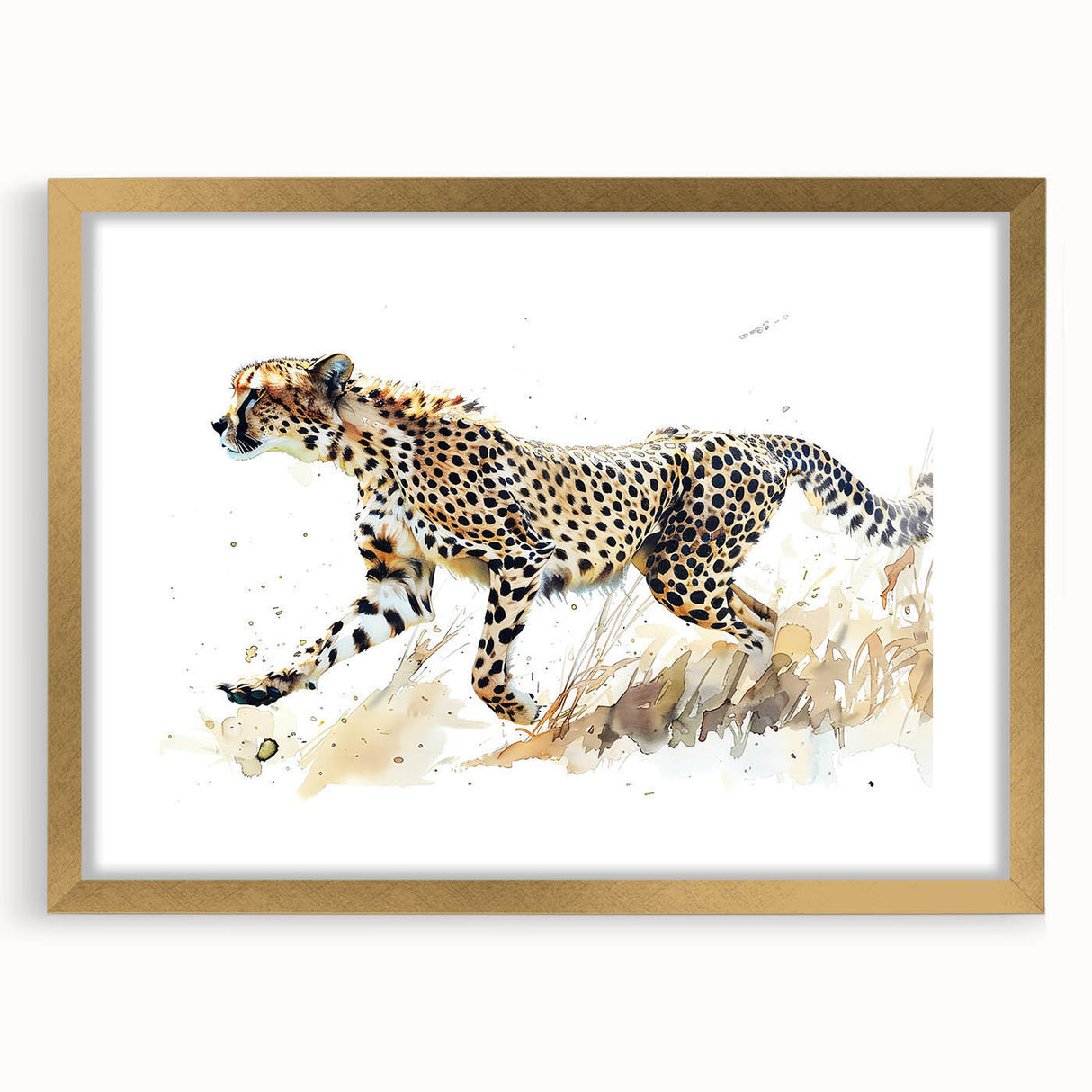 Cheetah wall art design in a sleek gold frame, showcasing vibrant colors and intricate details of the wild animal, perfect for nature-themed decor.