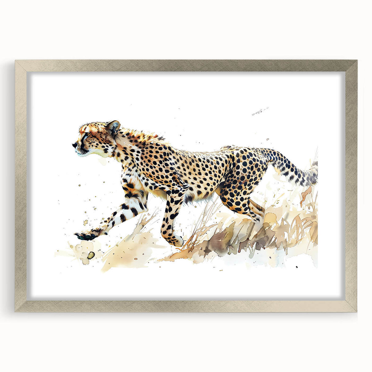 Framed wall art showcasing a stunning cheetah design, featuring vibrant colors and intricate details, set in a sleek silver frame with a mat. Ideal for animal lovers and modern decor enthusiasts.