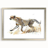 Framed wall art showcasing a stunning cheetah design, featuring vibrant colors and intricate details, set in a sleek silver frame with a mat. Ideal for animal lovers and modern decor enthusiasts.