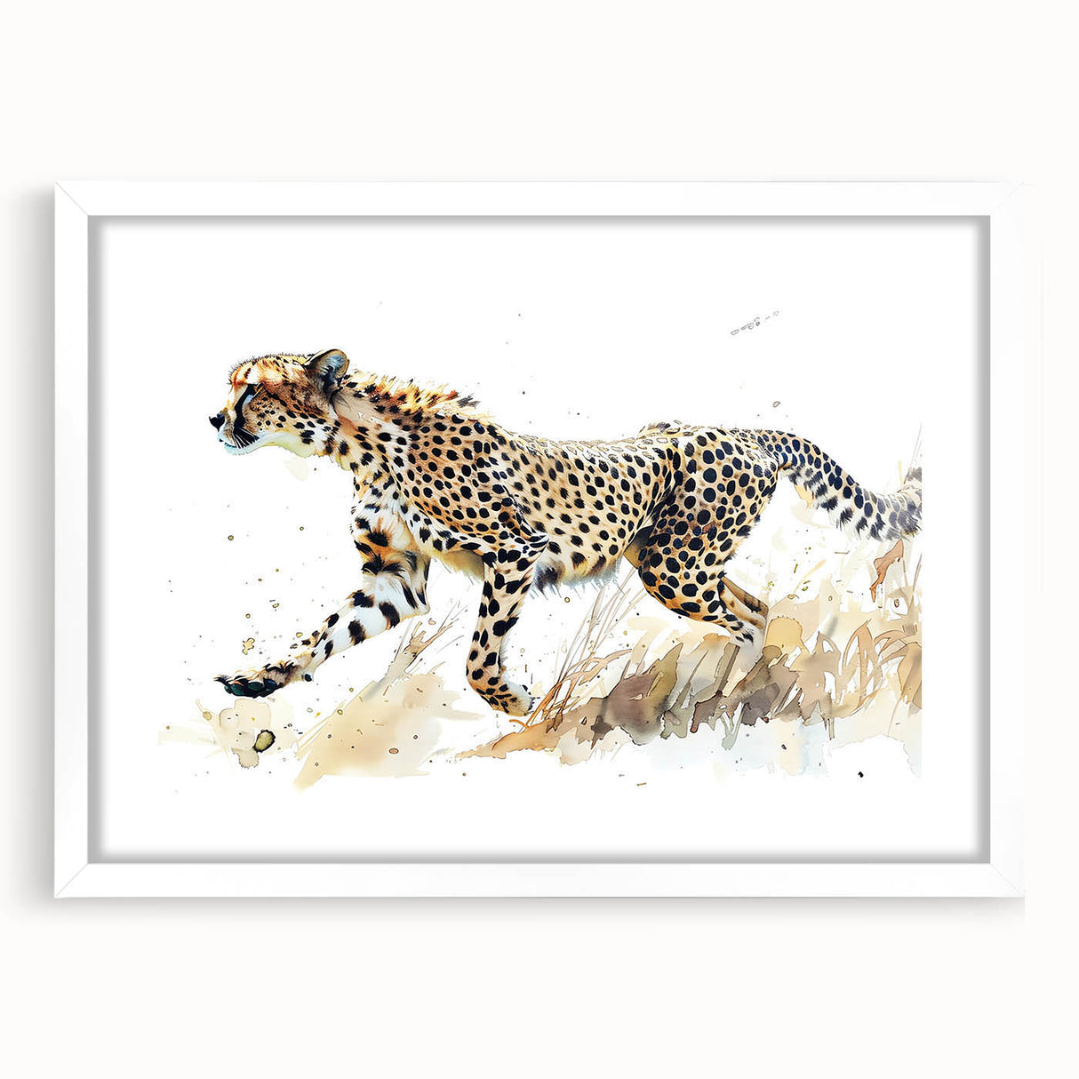 Framed wall art showcasing a striking cheetah design, featuring vibrant colors and intricate details, set against a white mat, perfect for wildlife enthusiasts.