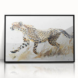 Framed wall art featuring a striking black and white design of a cheetah, showcasing intricate details and textures, perfect for wildlife enthusiasts and modern decor.