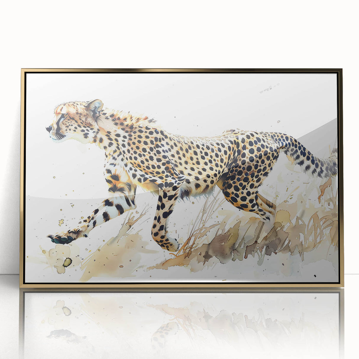 Framed acrylic wall art featuring a striking gold-accented cheetah design, showcasing vibrant colors and intricate details, perfect for wildlife enthusiasts and modern decor.