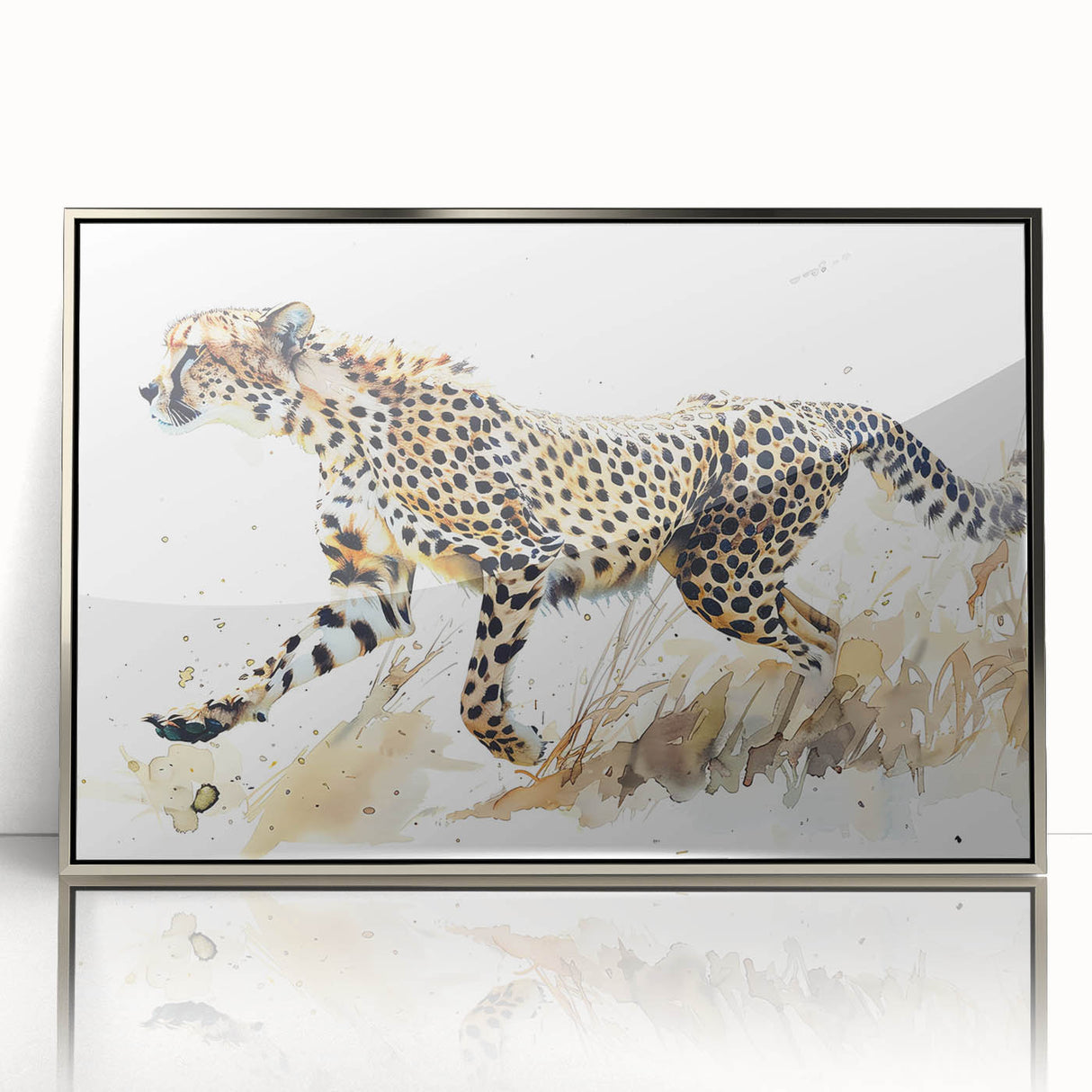 Framed wall art featuring a striking silver-accented cheetah design, showcasing the animal's grace and beauty against a vibrant backdrop, perfect for wildlife enthusiasts.