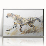 Framed wall art featuring a striking silver-accented cheetah design, showcasing the animal's grace and beauty against a vibrant backdrop, perfect for wildlife enthusiasts.