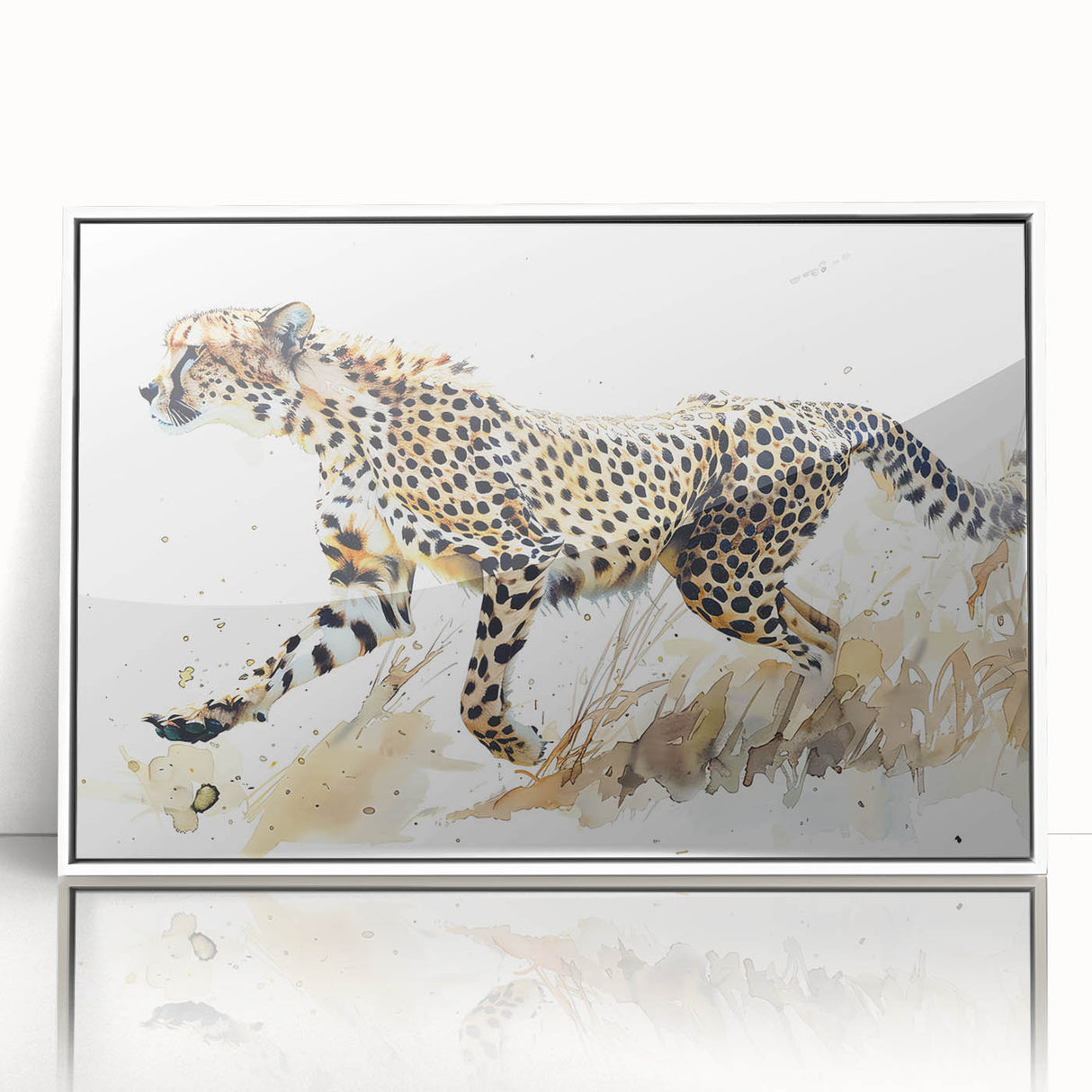 Framed wall art featuring a striking cheetah design in vibrant colors, showcasing the animal's grace and beauty against a white background, perfect for wildlife enthusiasts.