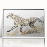 Framed wall art featuring a striking cheetah design in vibrant colors, showcasing the animal's grace and beauty against a white background, perfect for wildlife enthusiasts.