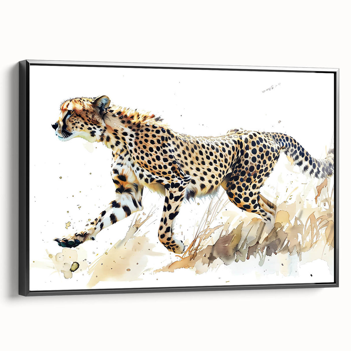 Framed wall art showcasing a striking cheetah design, featuring vibrant colors and intricate details, ideal for animal lovers and modern decor enthusiasts. This unique piece enhances any living space with its captivating wildlife theme and bold black framing.