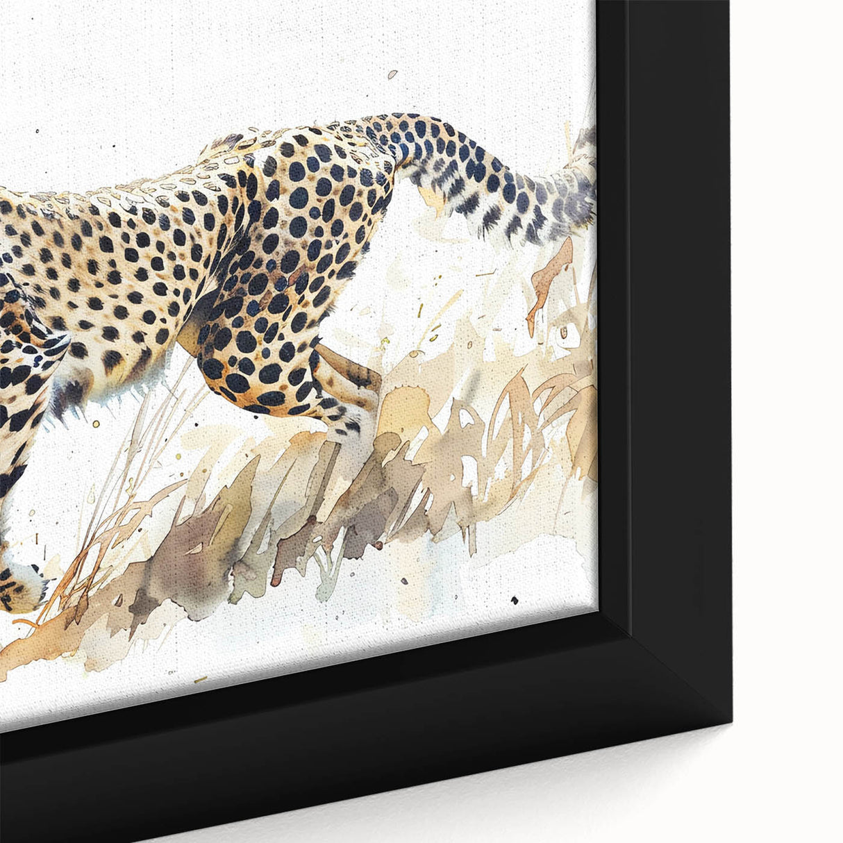 Close-up of a framed canvas wall art piece depicting a stunning cheetah design in vibrant colors, showcasing intricate details of the animal's fur and expression, perfect for wildlife enthusiasts and home decor.