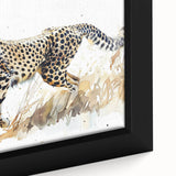 Close-up of a framed canvas wall art piece depicting a stunning cheetah design in vibrant colors, showcasing intricate details of the animal's fur and expression, perfect for wildlife enthusiasts and home decor.