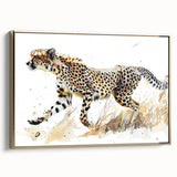 Framed wall art featuring a stunning side view of a cheetah in a golden color palette, showcasing its elegant features and dynamic posture, perfect for animal lovers and stylish home decor.