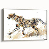 Framed wall art showcasing a sleek cheetah design in a silver frame, emphasizing the animal's grace and beauty, perfect for wildlife enthusiasts and modern decor.