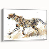 Framed canvas wall art showcasing a sleek, modern cheetah design in white and gold tones, perfect for adding a stylish touch to any decor.