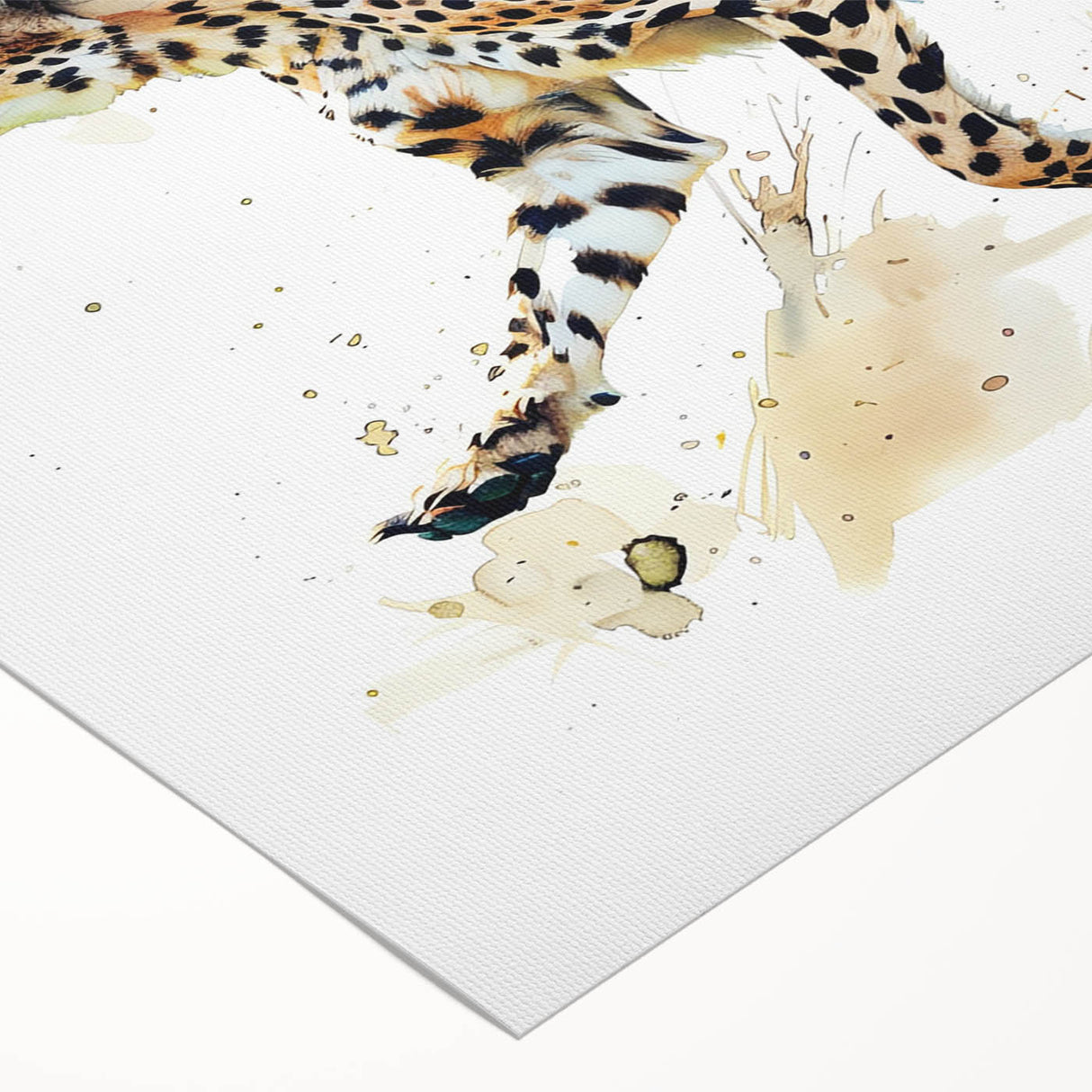 Cheetah wall art design on rolled canvas, showcasing vibrant colors and intricate details, perfect for animal lovers and home decor enthusiasts.