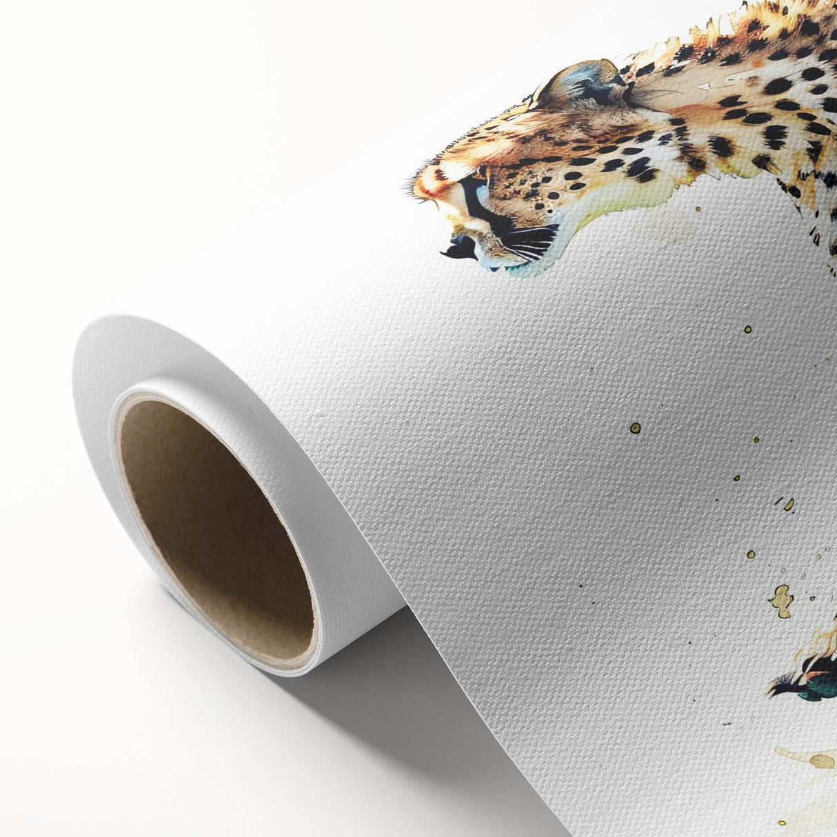 Cheetah wall art design on rolled canvas, featuring vibrant colors and intricate patterns, perfect for wildlife lovers and modern home decor.