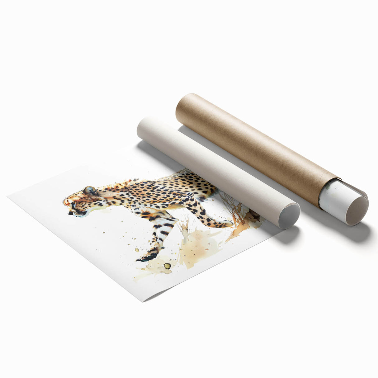 Cheetah wall art design on rolled canvas, featuring vibrant colors and intricate patterns, perfect for adding a touch of wildlife elegance to any room.