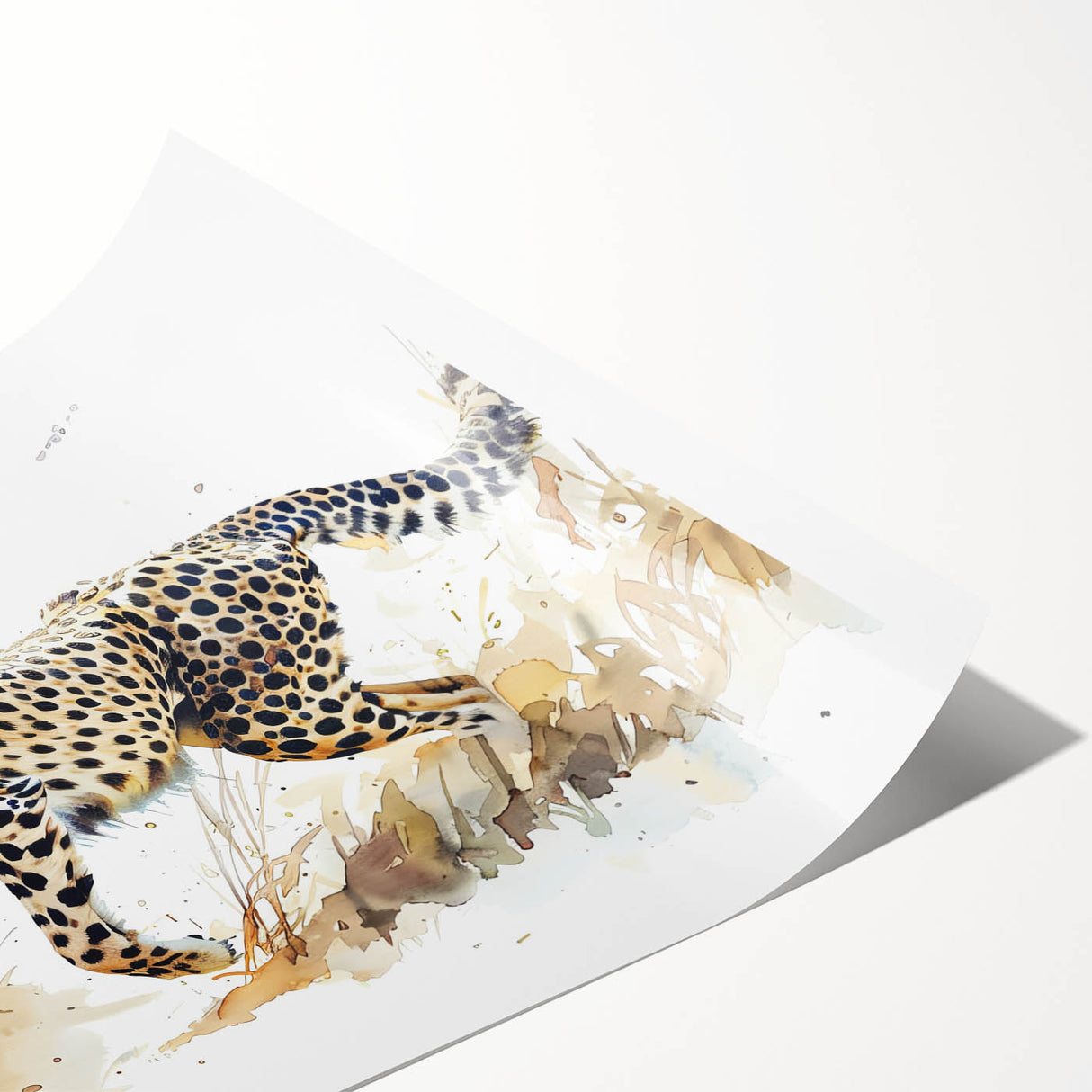 Cheetah wall art print showcasing a stunning and vibrant illustration of a cheetah in its natural habitat, rolled for easy transport and display. Ideal for wildlife enthusiasts and home decor lovers, this artwork adds a touch of the wild to any space.