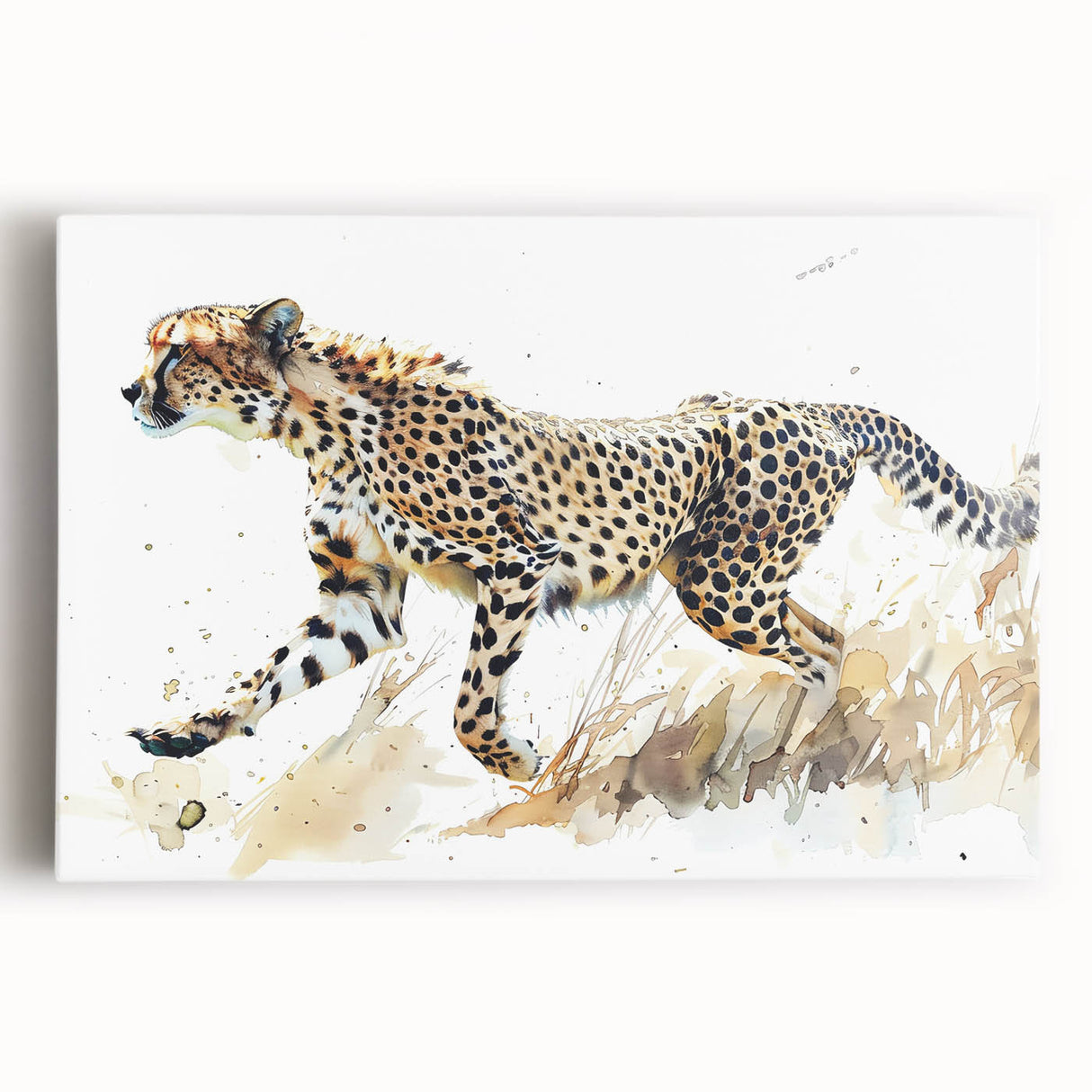 Cheetah wall art design on stretched canvas showcasing vibrant colors and intricate details, perfect for nature lovers and modern decor enthusiasts.