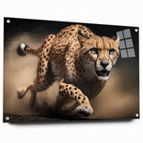 Side view of a contemporary acrylic glass wall art piece featuring a striking cheetah design, showcasing vivid colors and intricate details, ideal for animal lovers and modern decor.