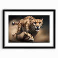 Framed wall art featuring a striking cheetah design in a bold black frame, showcasing the animal's grace and beauty against a vibrant backdrop, ideal for wildlife enthusiasts.