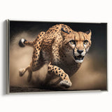 Framed canvas wall art featuring a sleek silver cheetah design, showcasing intricate details and vibrant colors, perfect for wildlife enthusiasts and modern decor.