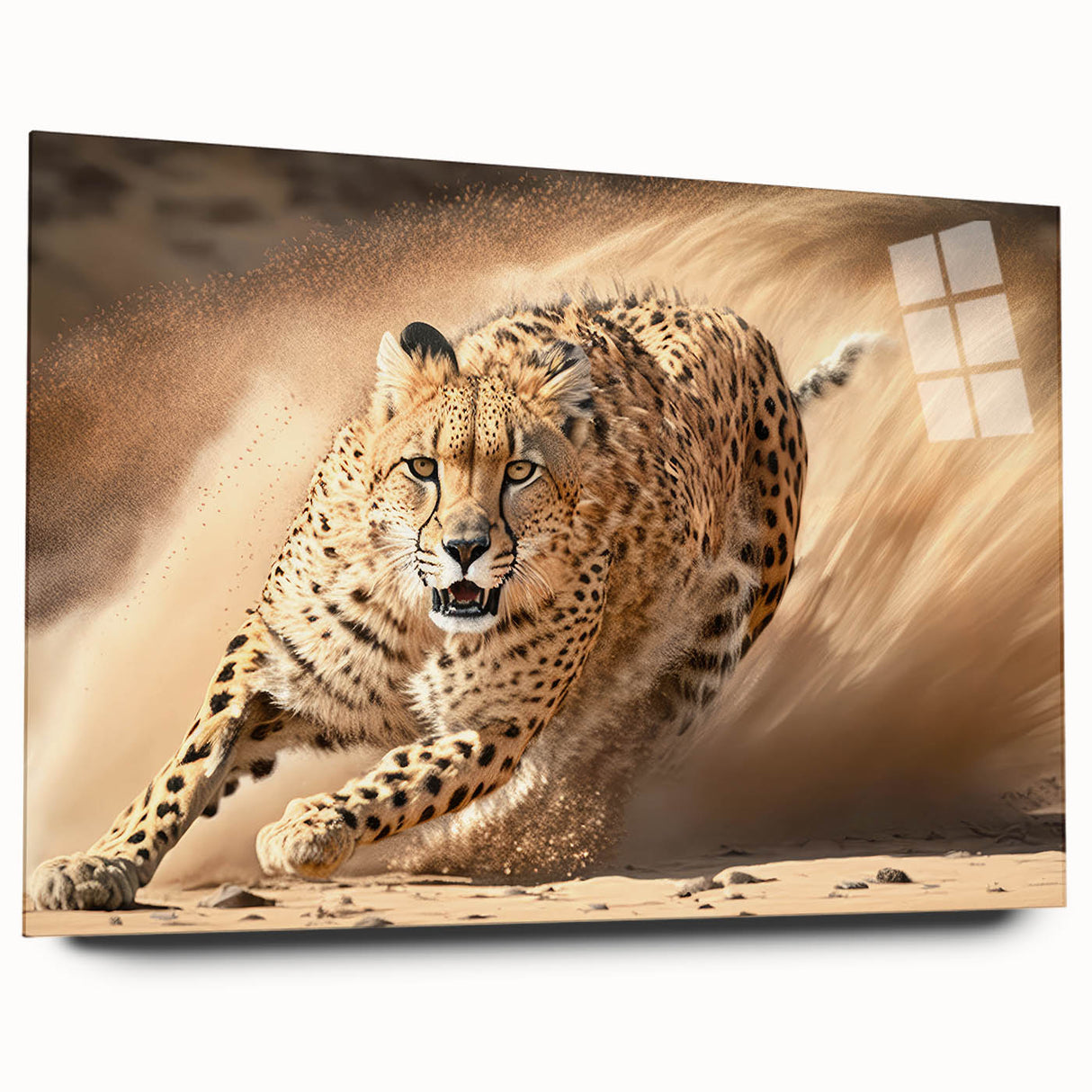 Cheetah wall art design displayed in acrylic glass, showcasing a side view of the striking wild cat's features and vibrant colors, perfect for animal lovers and home decor enthusiasts.