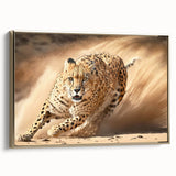 Framed canvas wall art showcasing a stunning side view of a cheetah, highlighted with gold accents, perfect for animal lovers and modern decor enthusiasts.