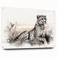 Cheetah-themed wall art design displayed in an acrylic glass frame, showcasing vibrant colors and intricate details, ideal for wildlife enthusiasts and home decor.