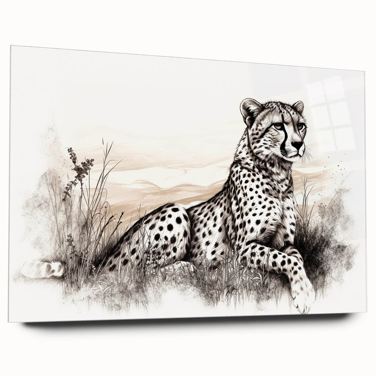 Acrylic wall art featuring a detailed side view of a cheetah, showcasing vibrant colors and intricate design elements, perfect for animal lovers and modern decor.