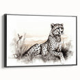 Framed wall art featuring a sleek black canvas design of a cheetah in profile, showcasing vibrant colors and fine details, perfect for wildlife enthusiasts.