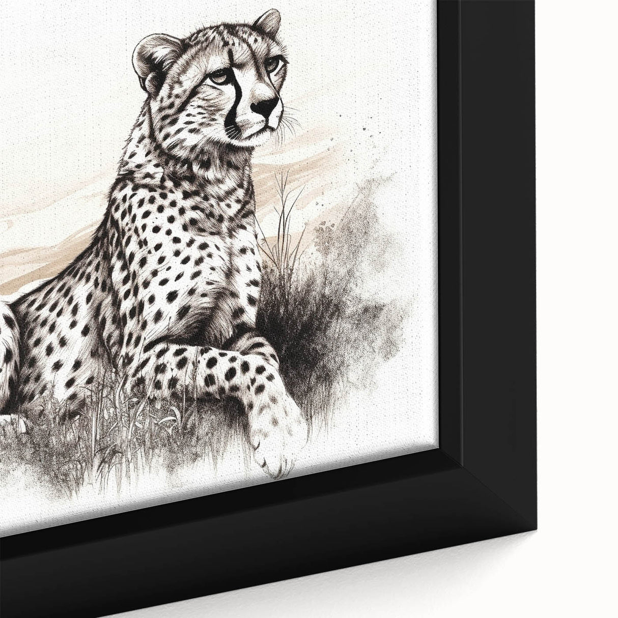 Close-up of a framed canvas wall art featuring a stunning cheetah design, showcasing intricate details and vibrant colors, perfect for animal lovers and wildlife decor.