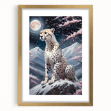 Cheetah wall art design featuring a striking front view of a cheetah framed in gold with a mat, ideal for wildlife enthusiasts and modern decor.