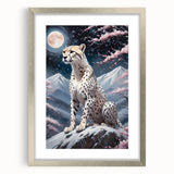 Cheetah-themed wall art framed in silver, showcasing a vibrant design with intricate detailing, perfect for wildlife enthusiasts and modern home decor.