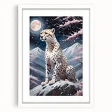 Cheetah-themed wall art collection framed with a white mat, showcasing a striking design of a cheetah in a wild landscape, perfect for animal lovers and home decor.