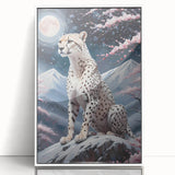 Framed wall art featuring a striking cheetah design in vibrant colors, showcasing a sleek, modern look with a white border, perfect for animal lovers and home decor enthusiasts.