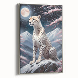 Framed wall art featuring a cheetah design in a sleek silver frame, showcasing intricate details and vibrant colors, ideal for wildlife enthusiasts and home decor.