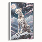 Framed wall art featuring a striking side view of a cheetah in a minimalist design, showcasing its vibrant orange and black spots against a white background, perfect for wildlife enthusiasts and contemporary decor.