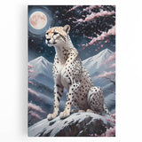 Cheetah wall art design on stretched canvas, showcasing a vibrant front view of the animal in its natural habitat, ideal for wildlife enthusiasts and home decor.
