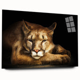 Side view of a stunning acrylic glass wall art piece featuring a detailed cougar design, showcasing vibrant colors and natural textures, perfect for wildlife enthusiasts.