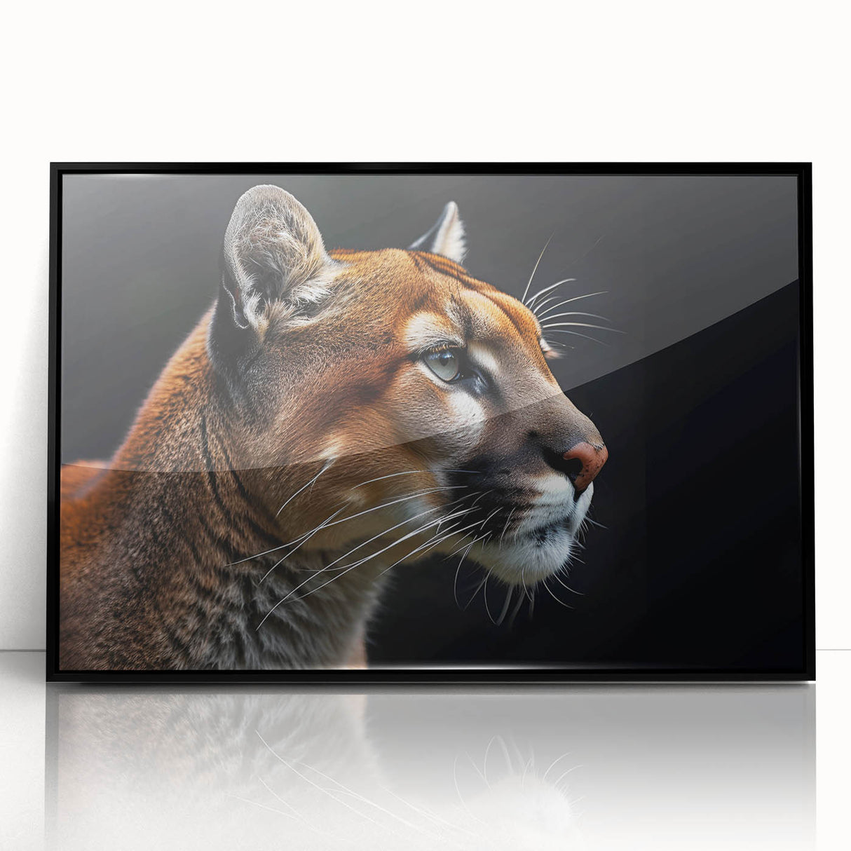 Framed acrylic wall art featuring a striking black cougar design against a minimalist background, perfect for modern wildlife decor in homes or offices.