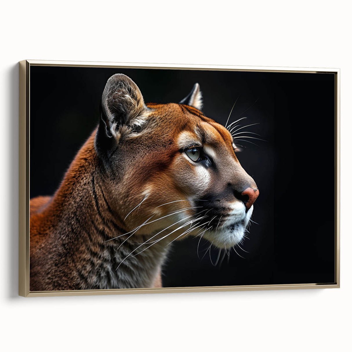 Framed canvas wall art featuring a stunning side view of a cougar in a gold color palette, showcasing intricate details and vibrant textures, perfect for wildlife enthusiasts.