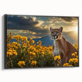 Framed canvas wall art showcasing a striking black cougar design in a contemporary style, featuring vibrant colors and a sleek side profile against a minimalist background, perfect for animal lovers and modern decor enthusiasts.