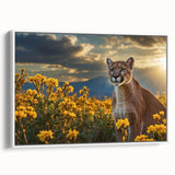 Framed wall art featuring a striking cougar design, showcasing the animal's graceful profile against a white background, perfect for wildlife enthusiasts and home decor.