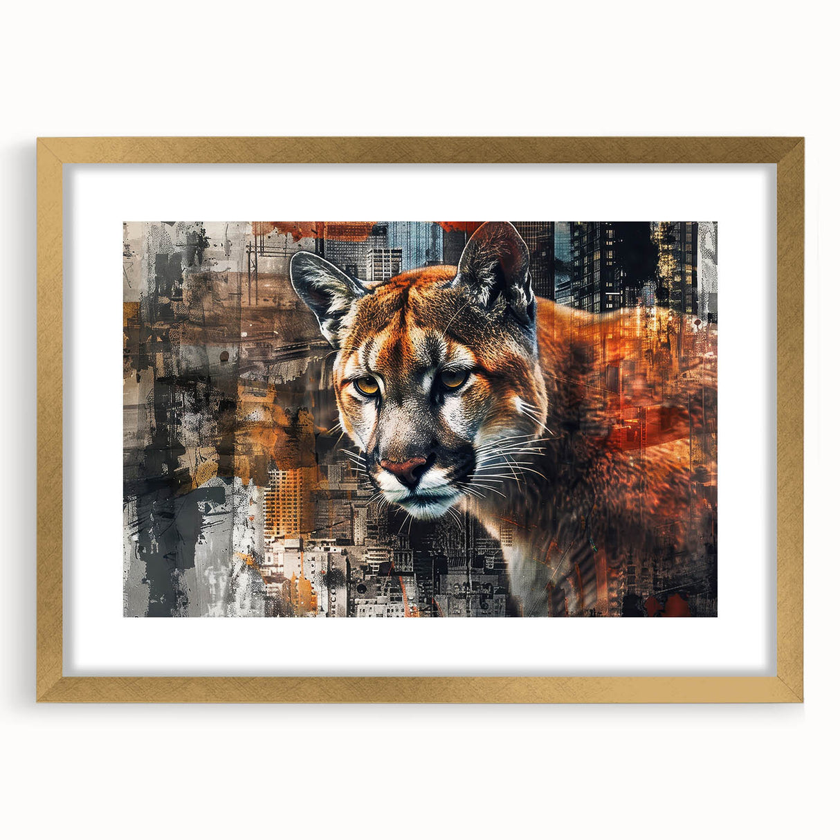 Framed wall art featuring a striking cougar design in a gold frame, showcasing intricate details and vibrant colors, perfect for animal lovers and home decor enthusiasts.