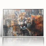 Framed wall art featuring a striking cougar design in a white frame, showcasing vivid colors and intricate details, perfect for wildlife enthusiasts and home decor.