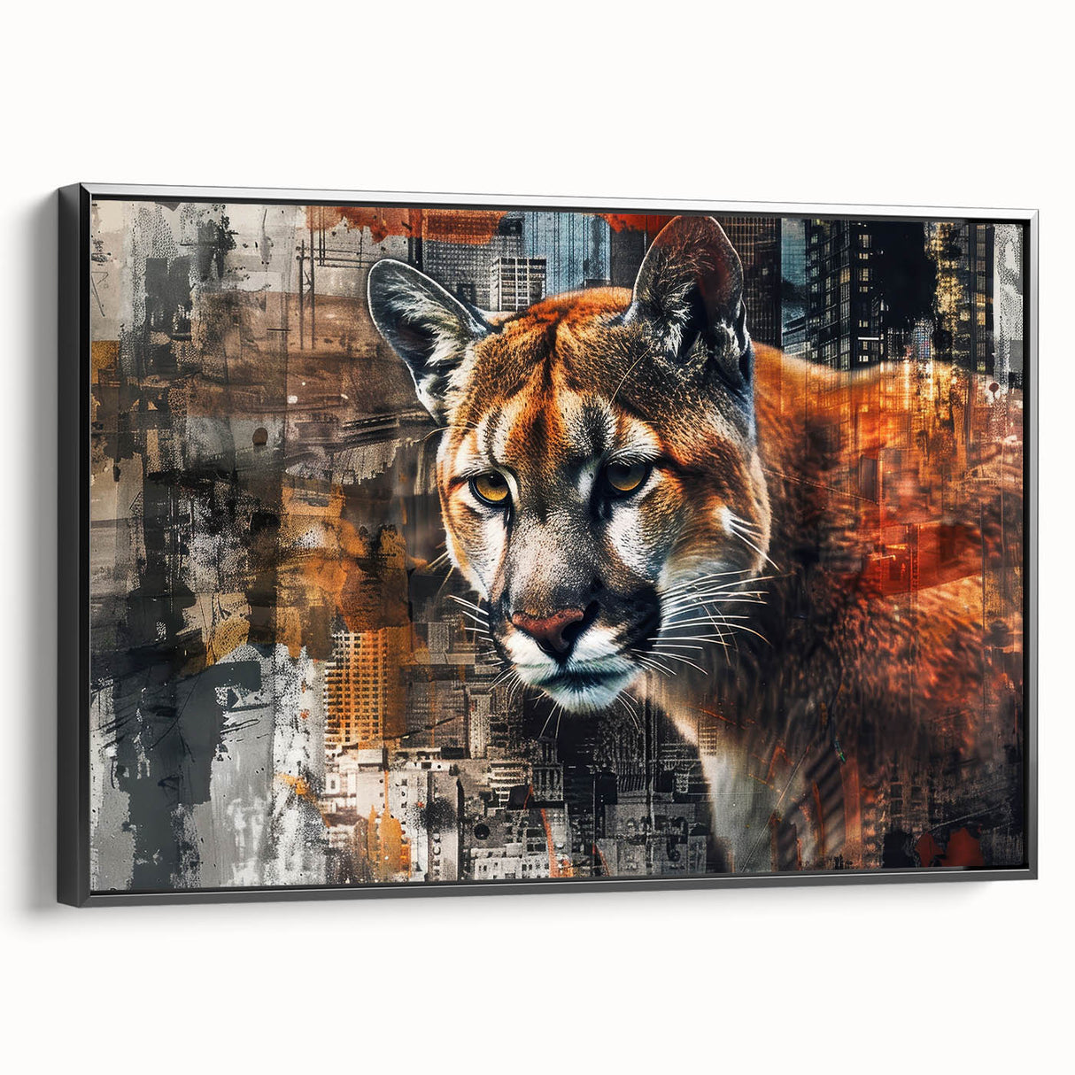 Framed wall art featuring a side view of a majestic cougar design in a wild landscape, showcasing rich colors and intricate details, perfect for wildlife enthusiasts.