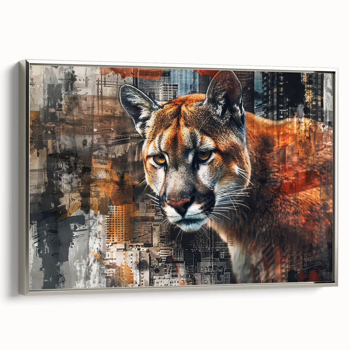 Framed canvas wall art featuring a sleek silver cougar design in profile view, showcasing intricate details and vibrant colors, perfect for modern home decor.